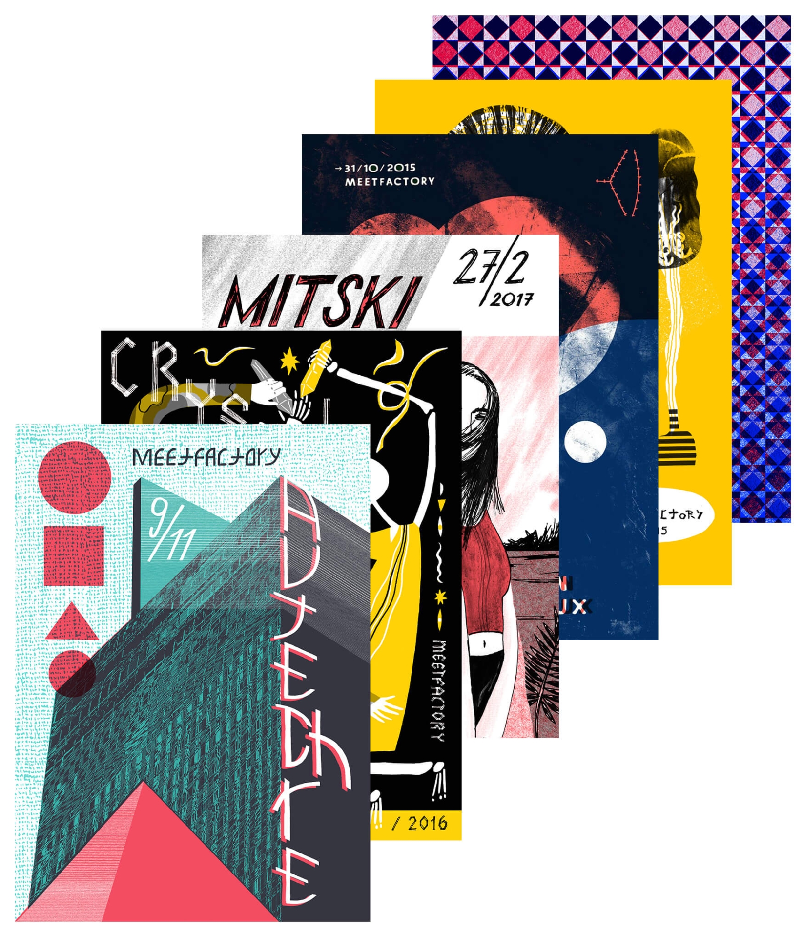 illustrations for the book Předvečer svatého Mikuláše  (Lukáš Csicsely, Meander), for the visual identity of the ELEKCE 2016 festival, posters for Meetfactory, packaging for Original Coffee and Pragtique souvenirs